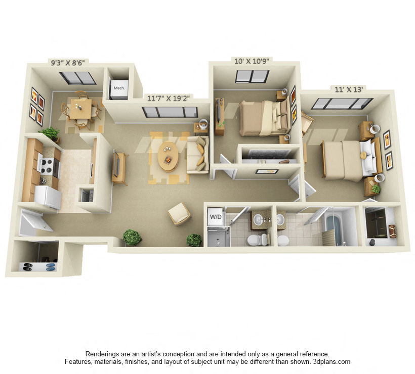 Floor plan for 2 beds, 2 baths, 1085 sqft